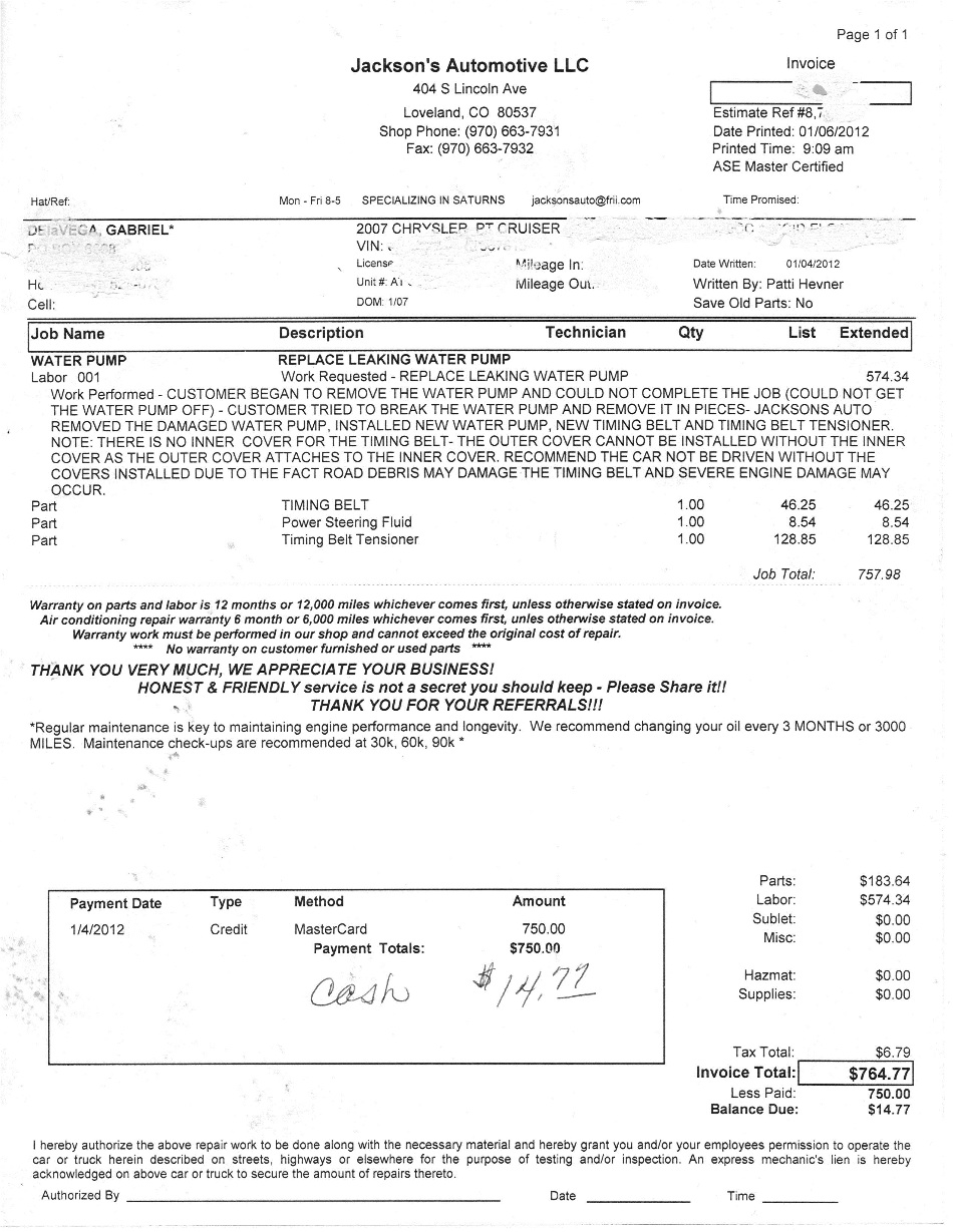 My Receipt from Jackson Automotive Repair in Loveland, Colorado