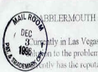 Patent and Trademark Stamp through the "B" of Babblermouth in 1996