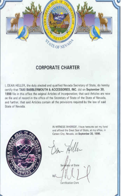 Seal of State signed by: Secretary of State "Dean Heller" in September 1998